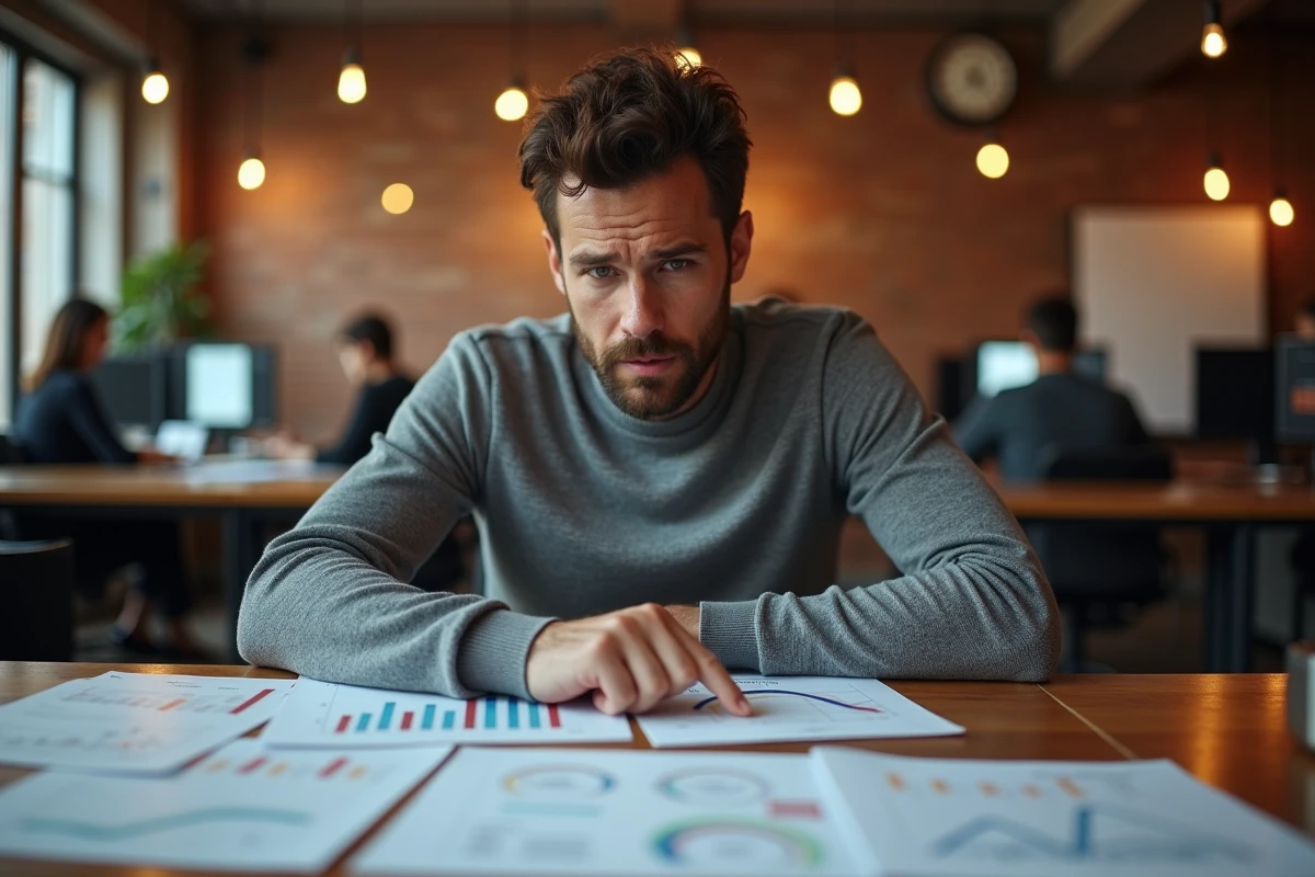 Entrepreneur masculin analysant des rapports de visibilité décevants sur une plateforme de mise en relation professionnelle