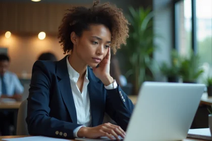 Femme professionnelle frustrée devant un profil en ligne avec une faible visibilité sur un site de mise en relation B2B