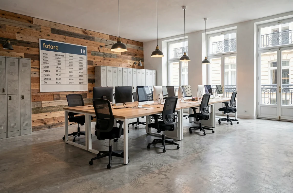 Espace de coworking parisien avec bureaux à louer à l'heure et affichage des tarifs