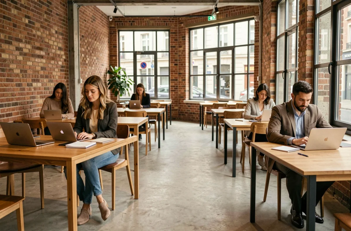 Espace de coworking moderne à Suresnes avec bureaux en bois et professionnels au travail