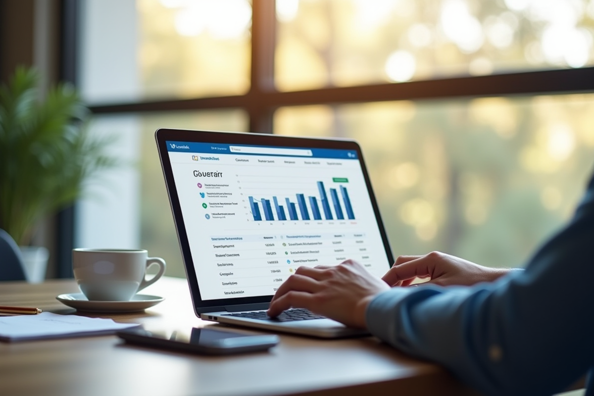 Espace de travail moderne avec un ordinateur portable affichant un tableau de bord email marketing