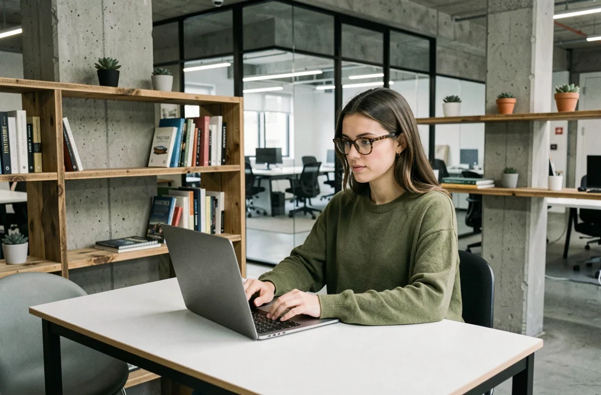 Femme travaillant seule dans une cabine de coworking calme à Darwin, espace moderne dans un bâtiment industriel reconverti