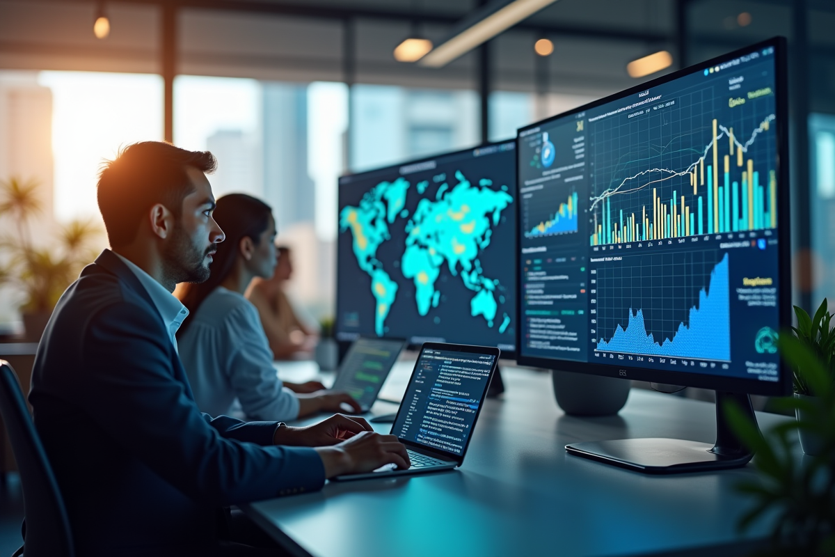 Espace de travail moderne avec professionnels analysant des données de generation de leads