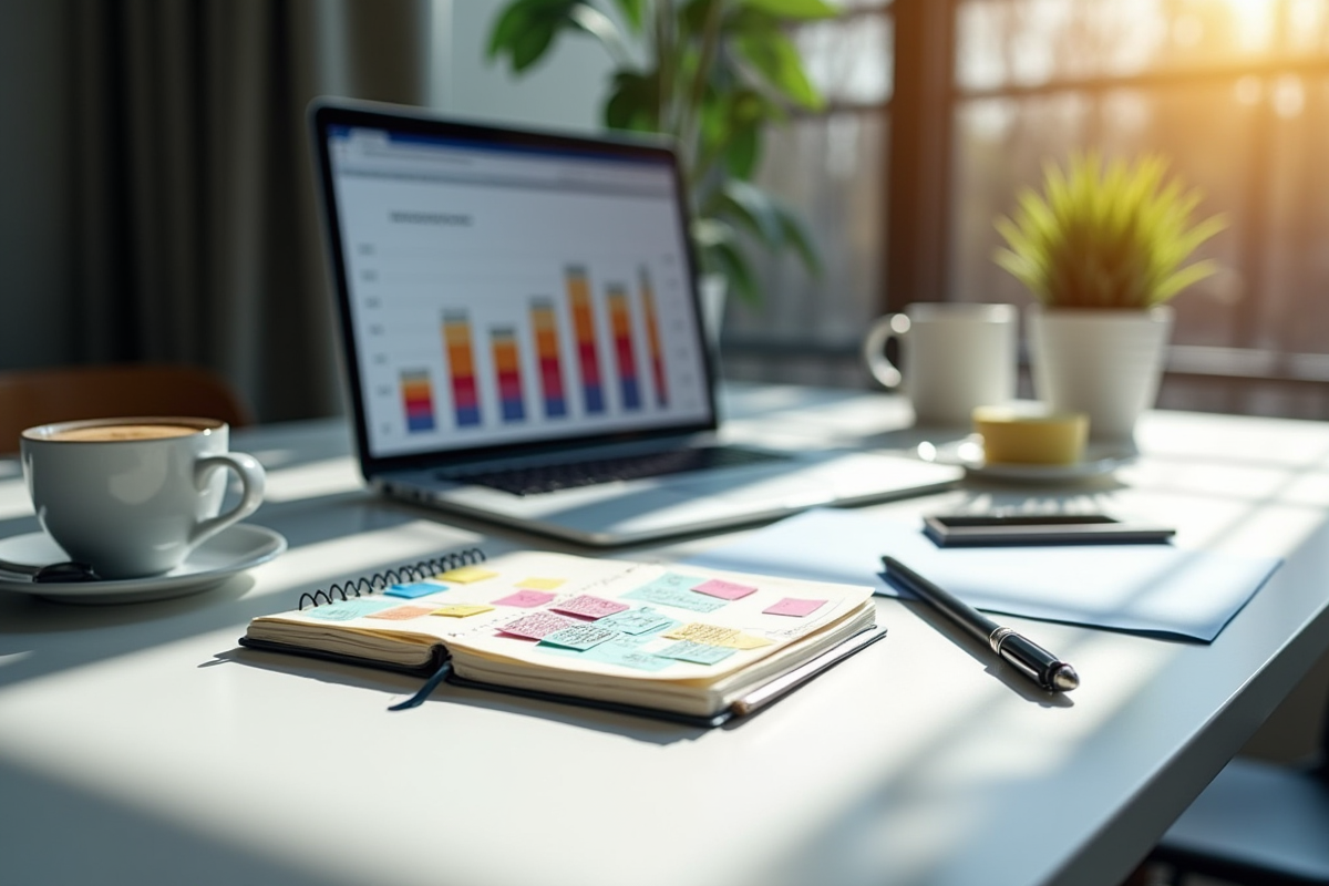 Espace de travail avec ordinateur et graphiques colorés