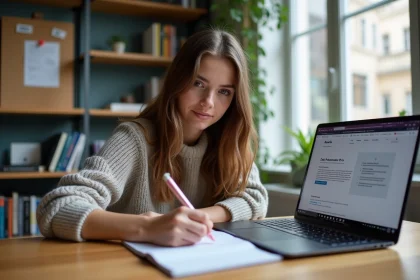 Jeune &eacute;tudiante &agrave; la biblioth&egrave;que de Paris en &eacute;tude
