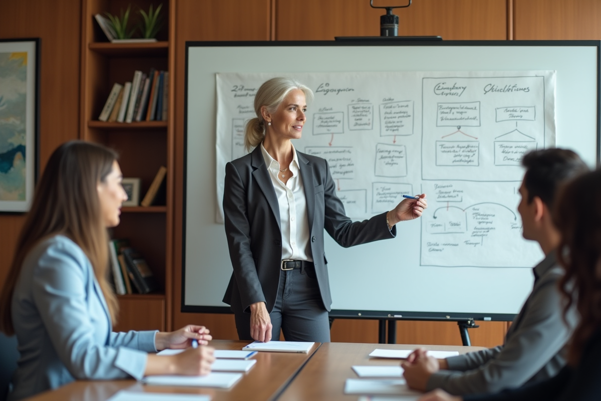 Cadre supérieur expliquant un diagramme en réunion