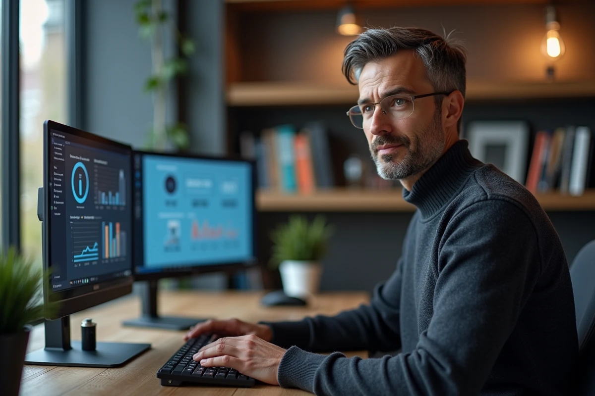 Expert en performance digitale travaillant seul sur des tableaux de bord SEO et e-commerce dans un espace de travail moderne et organisé