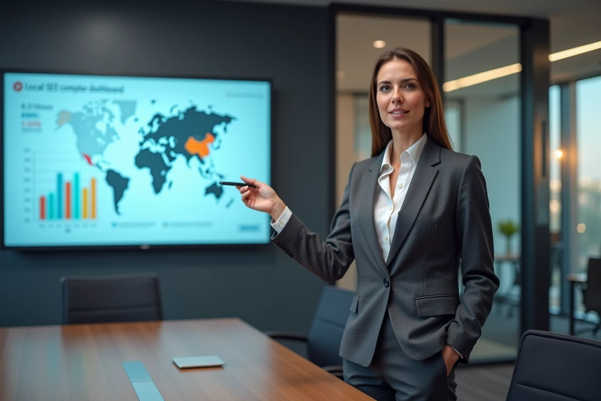 Experte en référencement local présentant une stratégie GEO sur écran digital en salle de réunion professionnelle