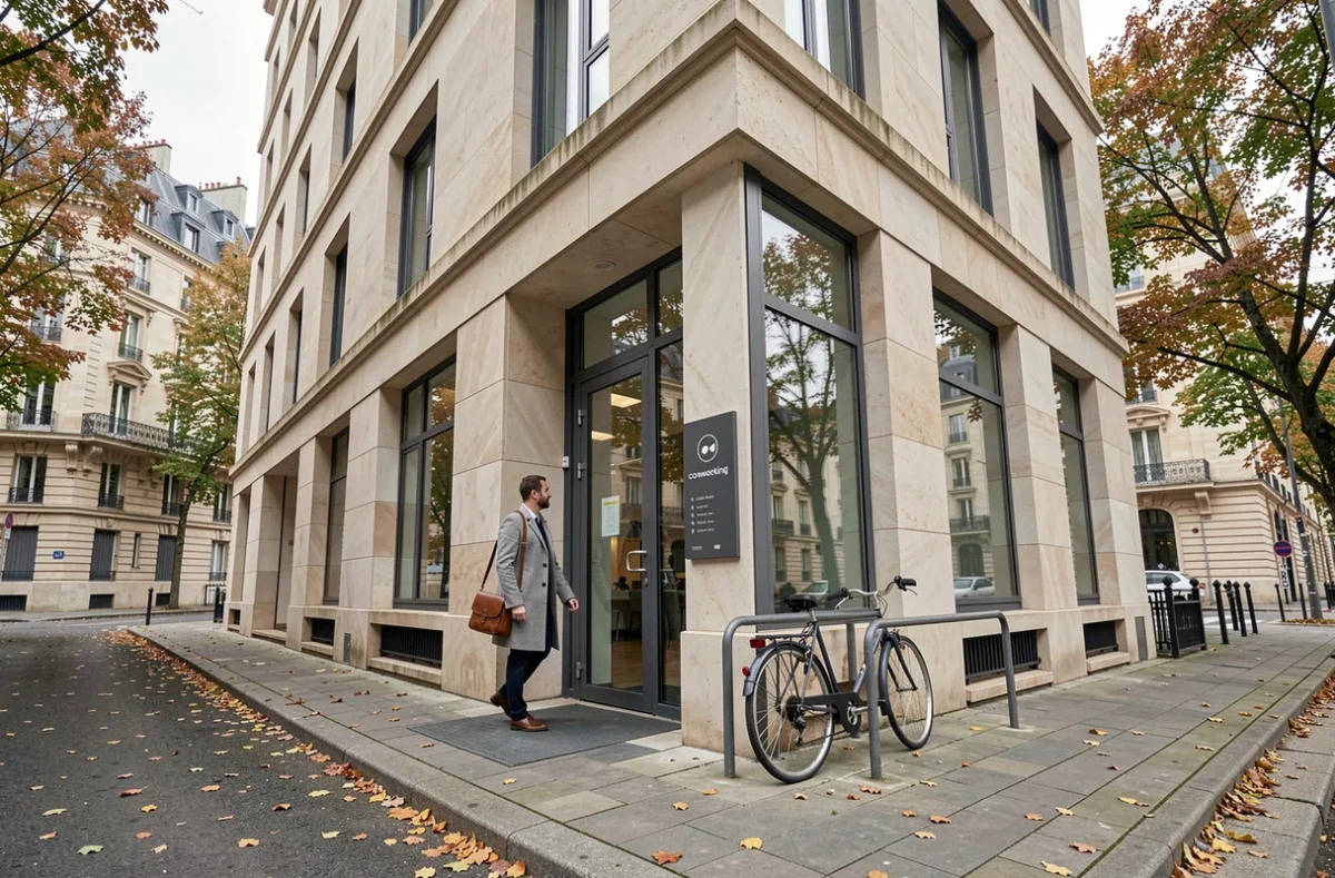 Façade extérieure d'un espace de coworking à Suresnes avec un professionnel à l'entrée