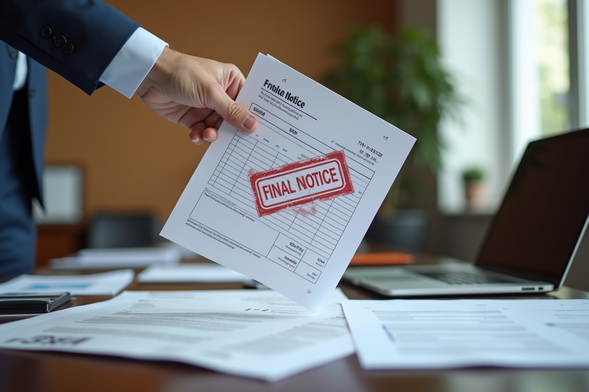 Main professionnelle tenant une facture en retard avec stamp avis final