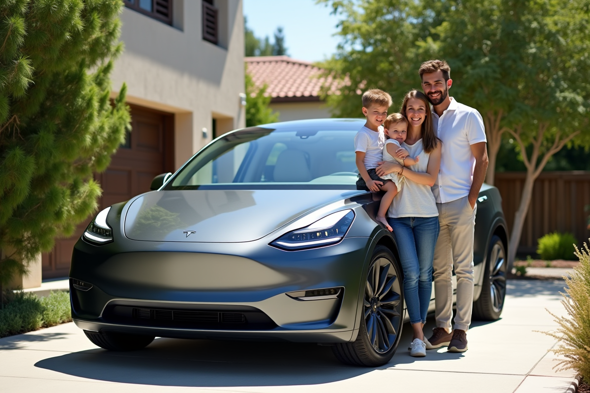 Famille heureuse avec leur Tesla neuve dans la cour