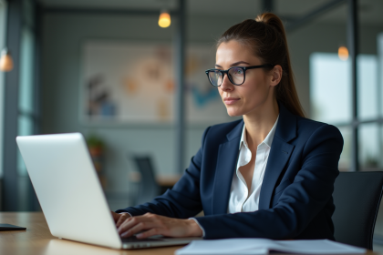 Femme d'affaires en costume bleu examine un accord de confidentialité