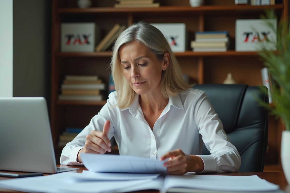 Femme d'affaires en train de trier des papiers dans un bureau moderne