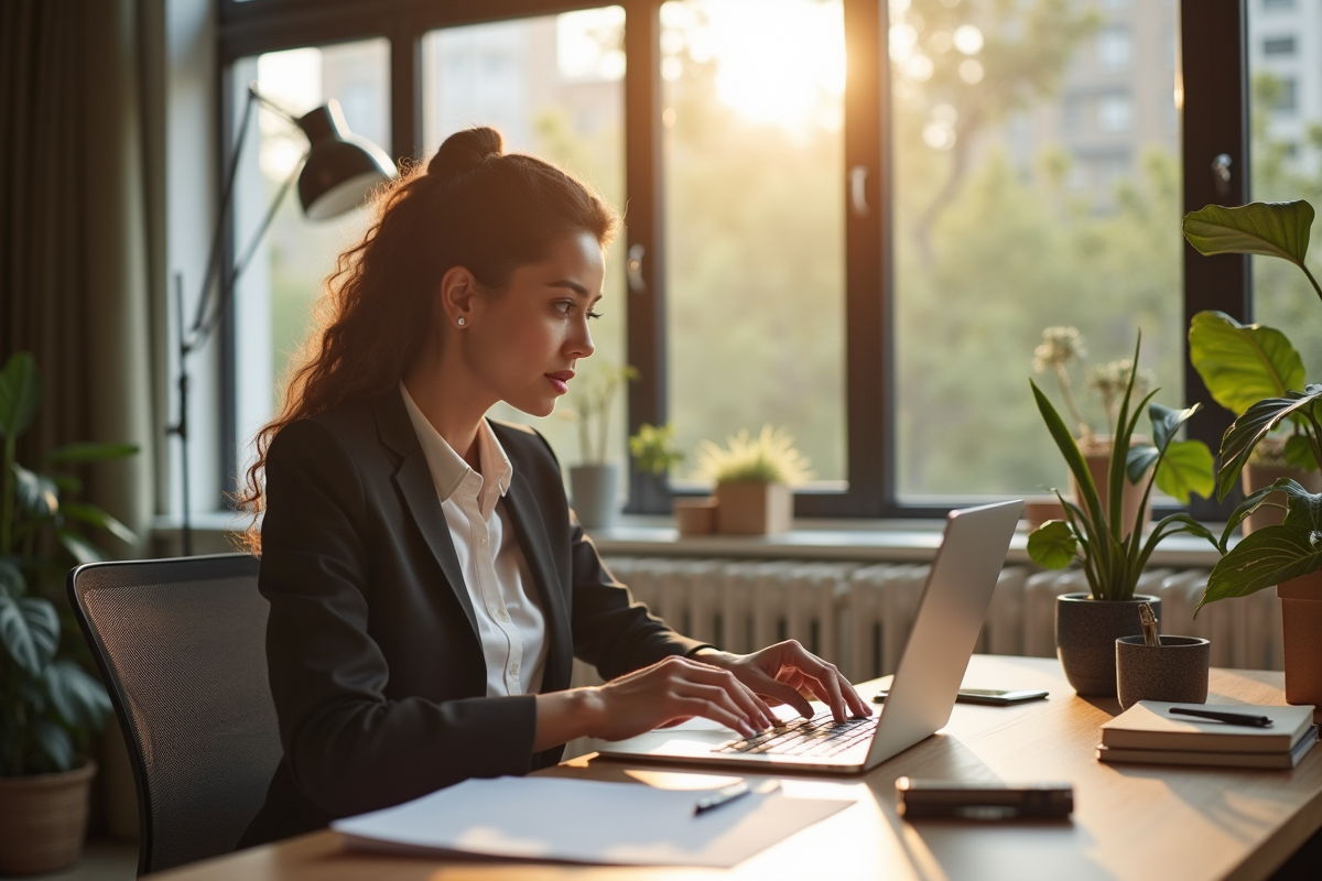 Femme d'affaires confiante travaillant à domicile dans un bureau moderne