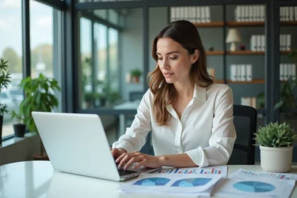 Femme en business casual analysant des graphiques financiers