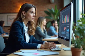 Femme professionnelle analysant des données de visibilité en ligne sur un écran dans un bureau moderne