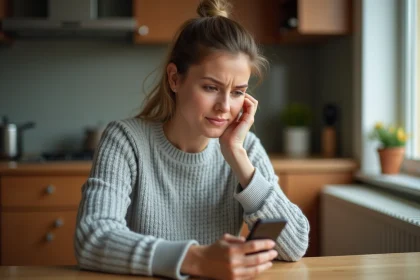Femme hésitant à rappeler un numéro de téléphone inconnu après un appel manqué