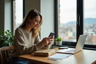 Jeune femme avec smartphone et colis dans un appartement