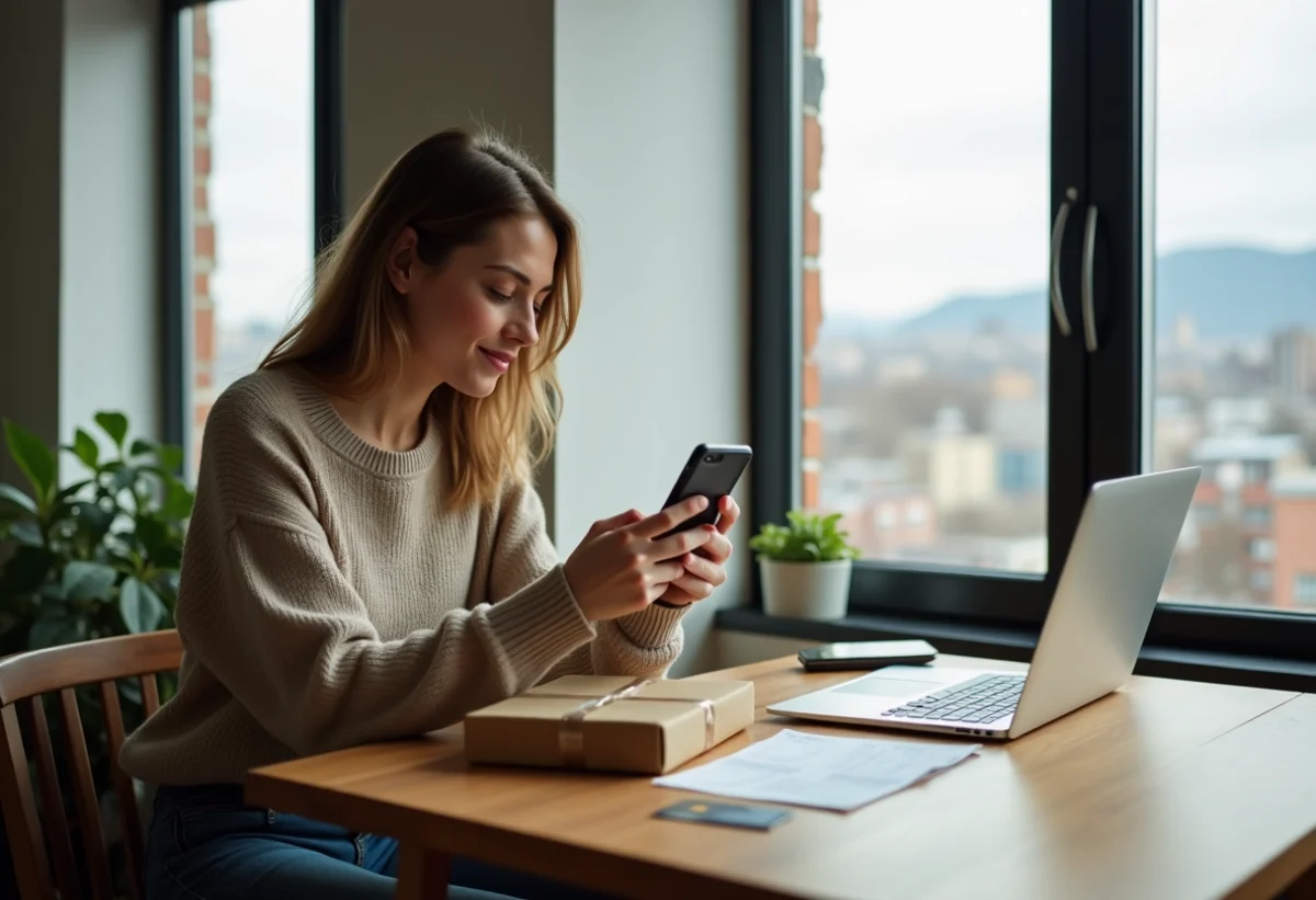 Jeune femme avec smartphone et colis dans un appartement