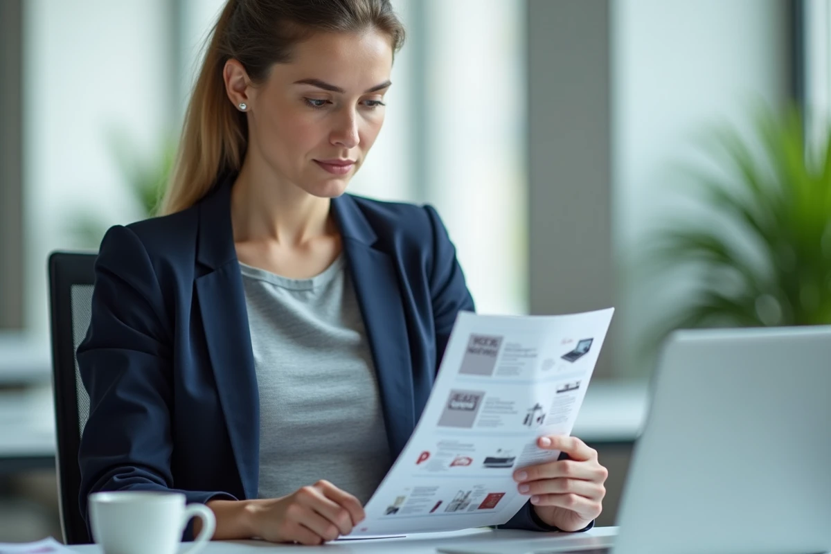 Femme consultant un livret d'avantages CE Loxam avant un achat professionnel dans un bureau moderne