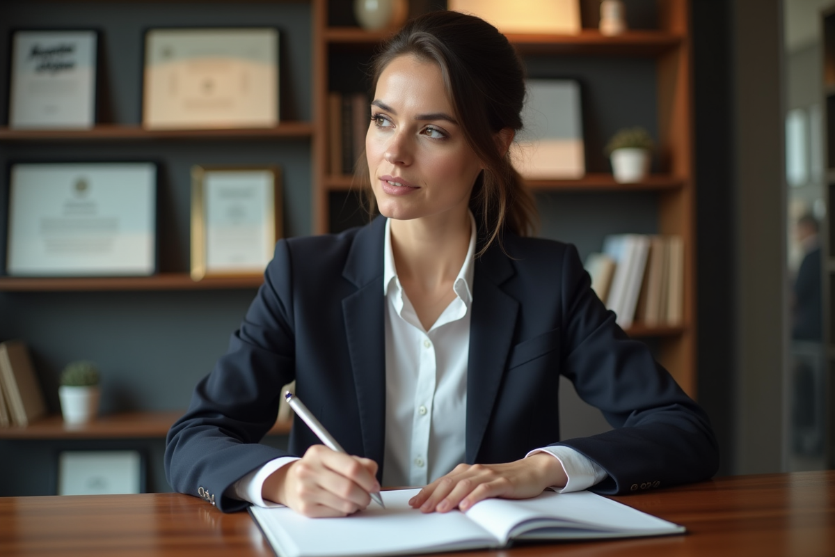 Femme en tenue professionnelle dans un bureau moderne