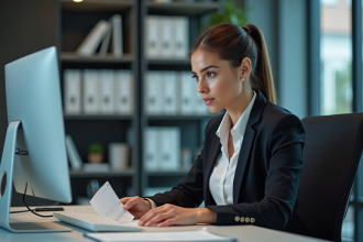 Femme d affaires concentrée sur documents numériques au bureau