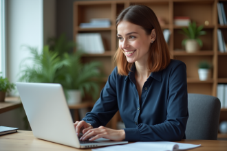Femme professionnelle regardant un document numérique dans un bureau lumineux