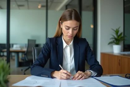 Femme en bureau g&eacute;rant des dossiers personnels