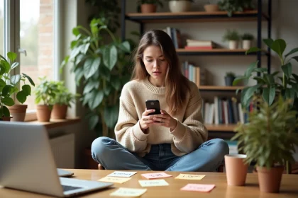 Jeune femme au bureau avec ordinateur et notes