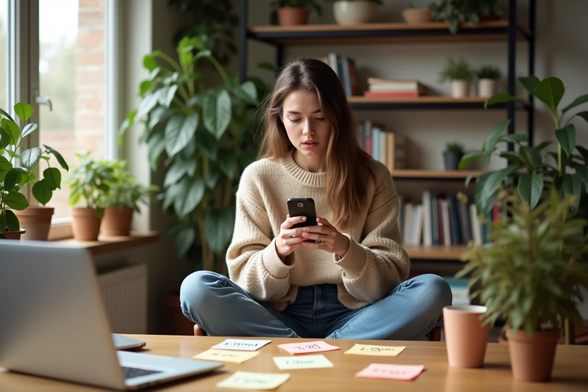 Jeune femme au bureau avec ordinateur et notes