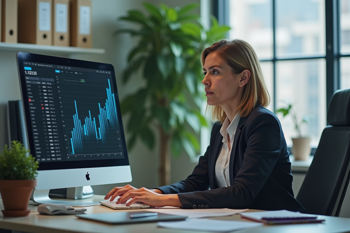 Femme au bureau regardant un écran avec calculatrice