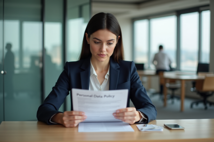 Femme d'affaires examine un document politique dans un bureau moderne