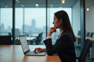Femme d'âge moyen au bureau en pleine réflexion