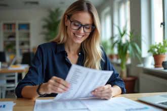 Femme en bureau moderne consultant une liste de sociétés