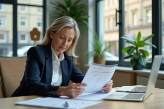 Femme cadre en entreprise consultant des documents juridiques sur les congés payés et le congé d'été obligatoire au bureau