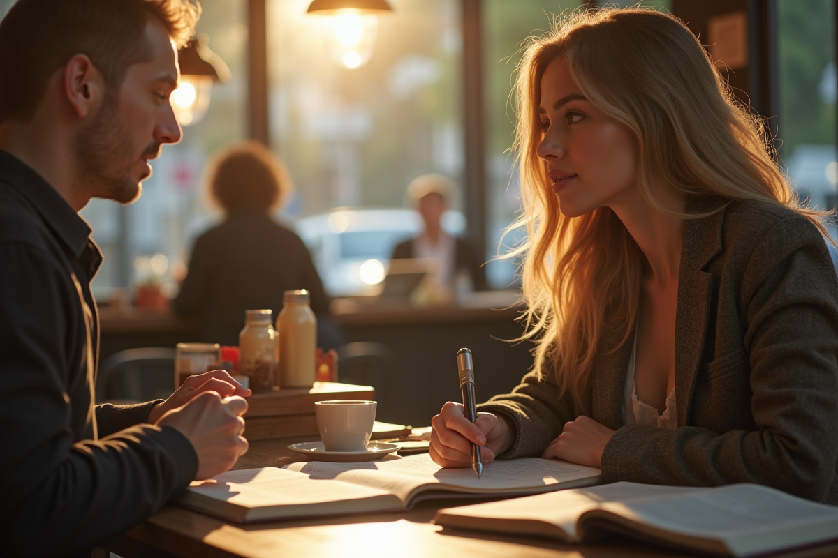 Femme seule au cafe parlant avec un barista entourée de livres