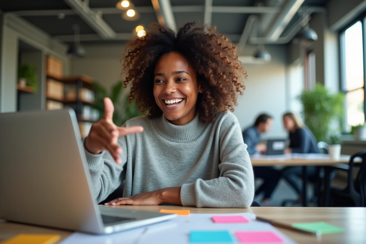 Femme souriante discutant dans un espace de coworking