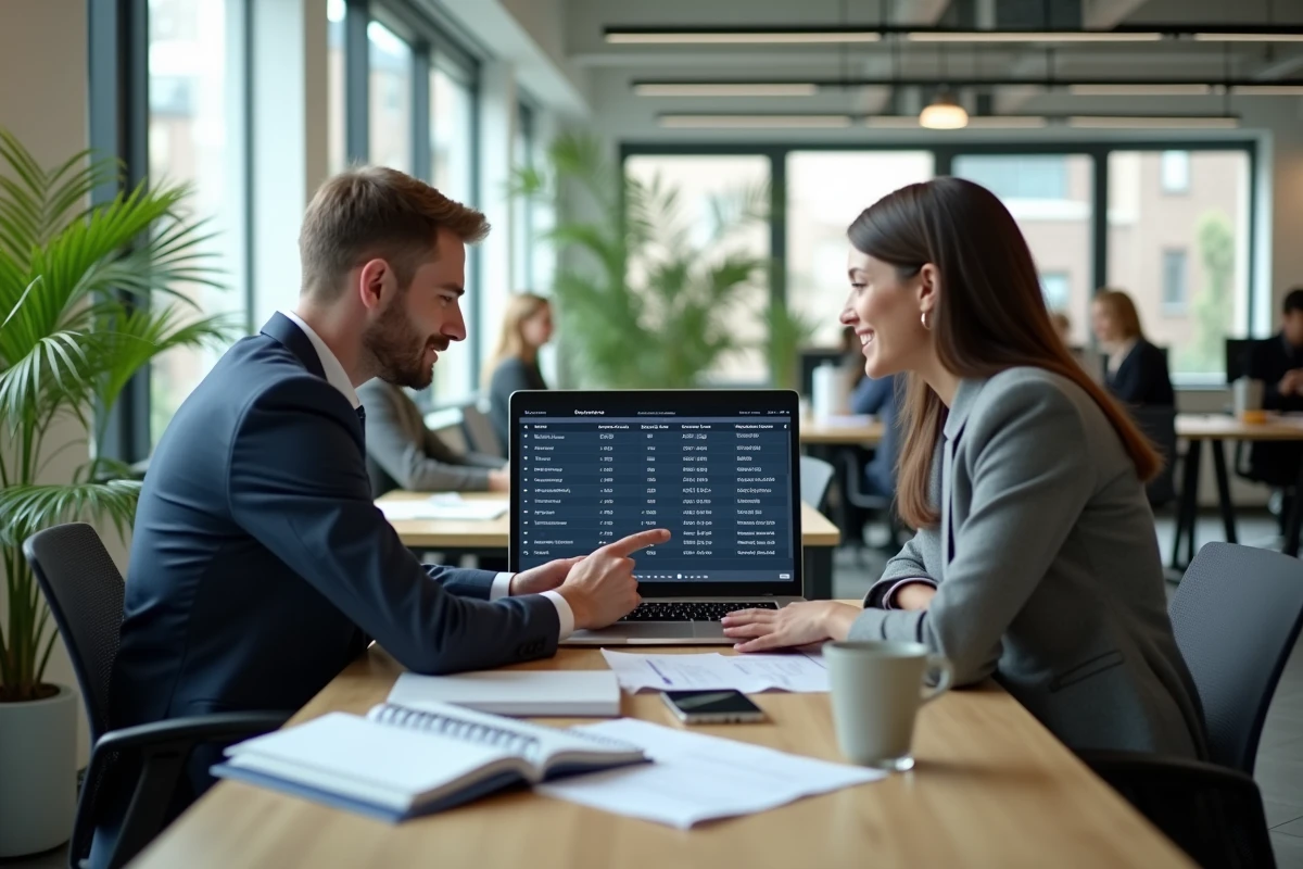 Femme en tenue d&eacute;contract&eacute;e discute avec un coll&egrave;gue devant un ordinateur
