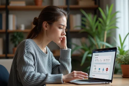Femme consultant son compte en ligne sur un ordinateur portable pour g&eacute;rer une migration de service en 2026