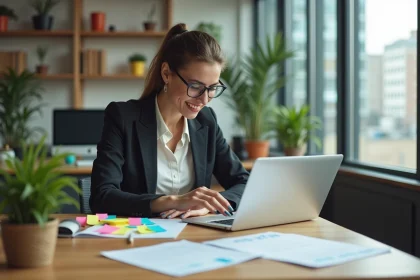 Femme confiante en bureau organisant des notes color&eacute;es