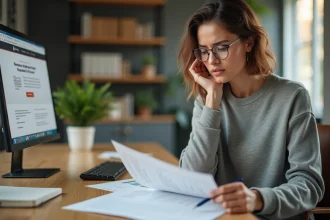 Femme concentrée examinant un contrat de site web au bureau