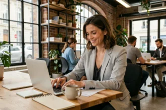 Femme travaillant dans un espace de coworking moderne à Aubervilliers avec ordinateur portable et café