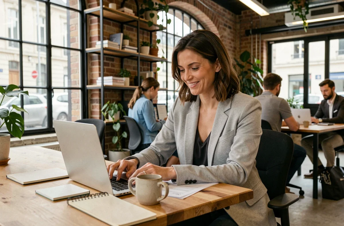 Femme travaillant dans un espace de coworking moderne à Aubervilliers avec ordinateur portable et café