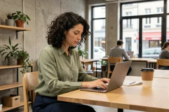 Femme travaillant dans un espace de coworking moderne à Bourgoin-Jallieu avec laptop et documents