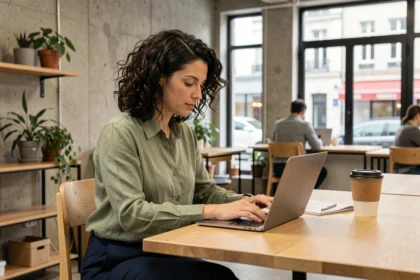Femme travaillant dans un espace de coworking moderne à Bourgoin-Jallieu avec laptop et documents