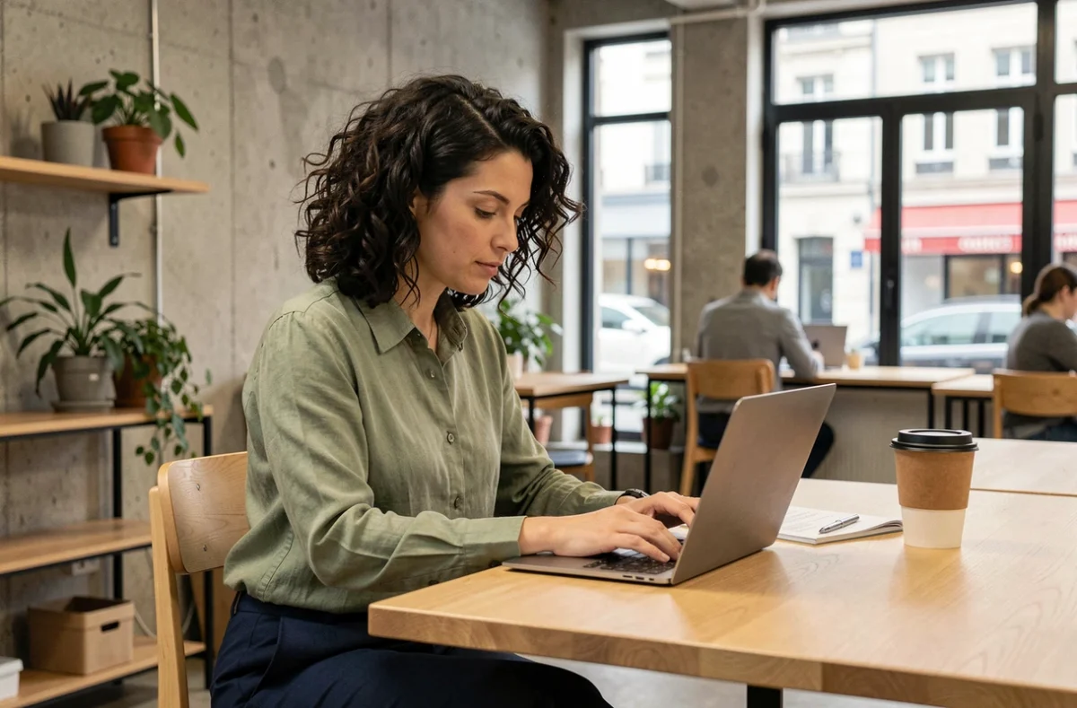 Femme travaillant dans un espace de coworking moderne à Bourgoin-Jallieu avec laptop et documents