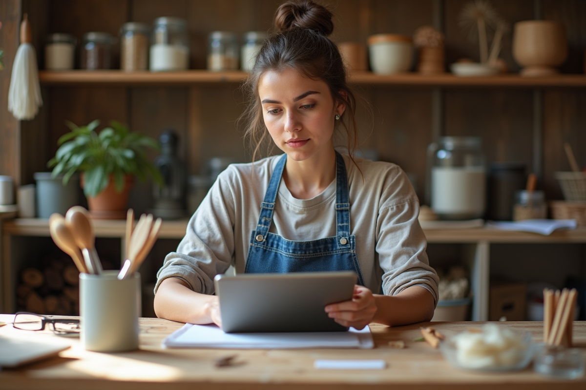 Jeune femme calculant des coûts avec une tablette dans son atelier