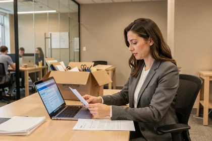Femme professionnelle consultant ses documents lors d'un changement d'employeur avec MyPrimobox