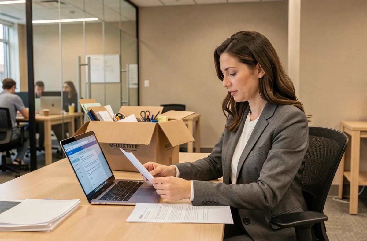 Femme professionnelle consultant ses documents lors d'un changement d'employeur avec MyPrimobox