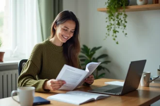 Femme entrepreneur lisant un guide business gratuit à son bureau à domicile, entourée de notes et d'un ordinateur portable